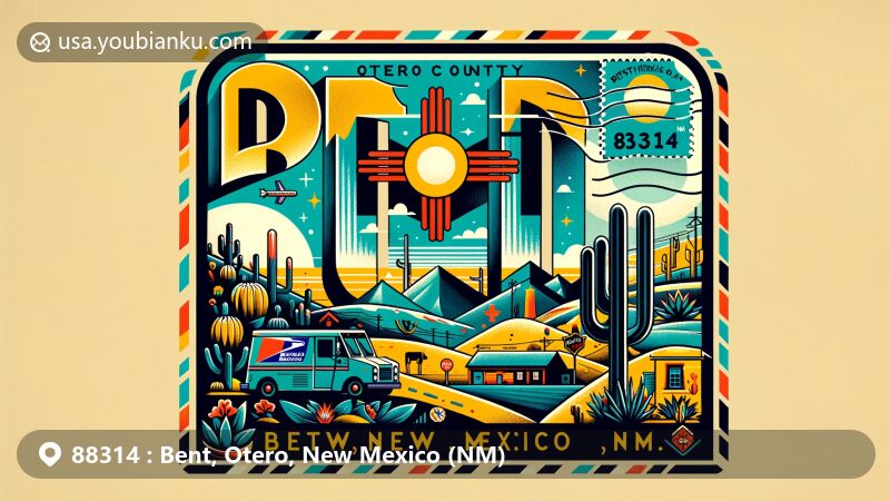 Modern illustration of Bent, Otero County, New Mexico, featuring postal theme with ZIP code 88314, showcasing desert scenery, unique local flora, and New Mexico cultural symbols.
