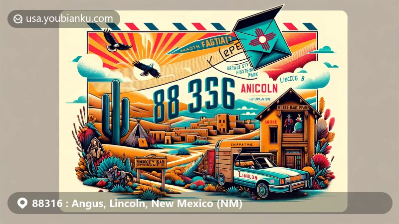 Creative illustration of Angus, Lincoln, and Capitan areas in New Mexico with ZIP code 88316, featuring vintage air mail envelope, Lincoln Historic Site, Smokey Bear Historical Park, and New Mexico state flag elements.