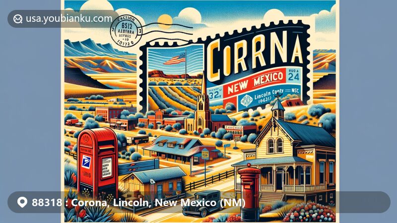 Modern illustration of Corona, Lincoln County, New Mexico, with postal theme showcasing ZIP code 88318, featuring state flag and local culture elements.