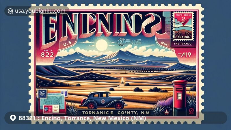 Modern illustration of Encino, Torrance County, New Mexico, highlighting postal theme with ZIP code 88321, featuring vintage postcard design and regional elements.