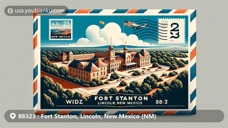 Modern illustration of Fort Stanton, Lincoln, New Mexico, featuring 19th-century military buildings against the backdrop of Lincoln National Forest, set in an airmail envelope with ZIP code 88323 and a stamp of Fort Stanton and New Mexico state flag.
