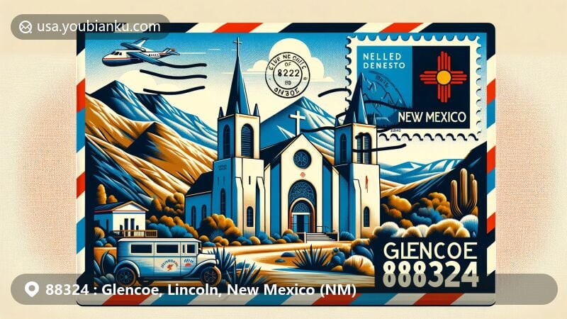 Modern illustration of Glencoe, New Mexico, portraying postal theme with ZIP code 88324, New Mexico state flag stamp, Glencoe postmark, and St. Anne's Chapel, set against Lincoln National Forest backdrop.