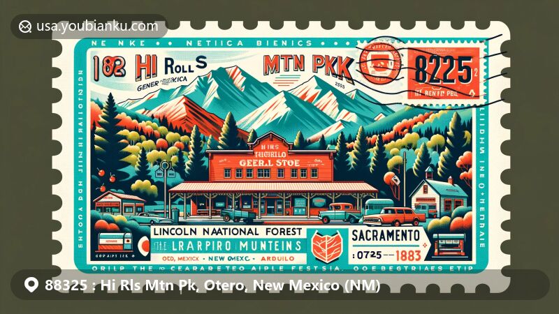 Modern illustration of Hi Rls Mtn Pk, Otero, New Mexico, featuring Lincoln National Forest, Sacramento Mountains, and Cherry and Apple Festivals.