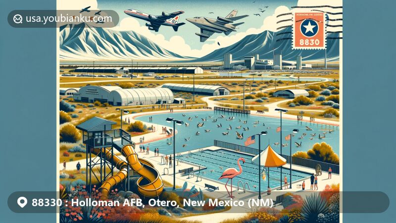 Vibrant illustration of Holloman AFB, Otero County, New Mexico, presenting a fusion of military heritage with aircraft and recreational facilities, embodying its impact in Air Force history and missile research. Featuring the outdoor aquatic center with an Olympic-size pool, Holloman Lakes as an ecological sanctuary, and postal elements like '88330' stamp, mailbox, and airplane.