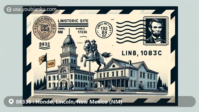 Modern illustration of Hondo, Lincoln County, New Mexico, featuring airmail envelope with Lincoln Historic Site and symbolic image of Billy the Kid, highlighting historical significance of the area.