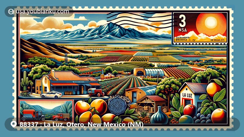Modern illustration of La Luz, New Mexico, featuring natural beauty of the Sacramento Mountains and Tularosa Basin, cultural elements like Apache and Spanish-influenced ceramics, agricultural richness with fruits like figs, apricots, plums, peaches, vineyards, and pistachio orchards, showcasing community and lifestyle, and vintage postal theme with 88337 ZIP code, postal truck, and mailbox.