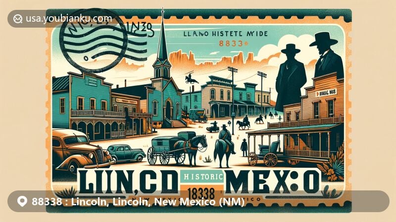 Vintage-inspired illustration of Lincoln Historic Site in Lincoln, New Mexico, resembling a postcard, featuring iconic historical buildings from the 1870s and 1880s, reflecting the Wild West and Billy the Kid era, with elements representing the region's rich history such as Billy the Kid silhouette, old western-style architecture, and rugged natural landscapes of New Mexico. The design incorporates postal elements including a stylized stamp in one corner displaying ZIP Code '88338,' part of the image covered with a 'Lincoln, NM' postmark, and vintage mailbox and mail cart in the scene. The overall color scheme is nostalgic yet vibrant, inviting viewers to explore Lincoln's history and postal heritage.