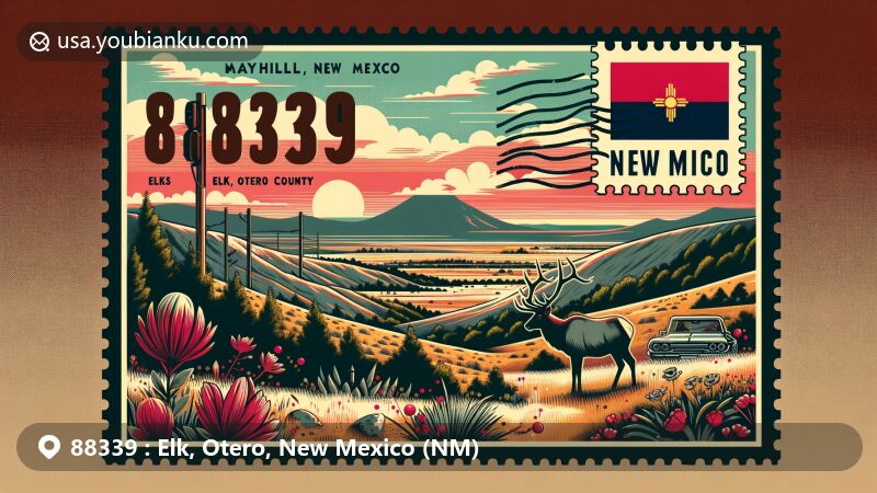 Modern illustration of Mayhill, Elk, Otero County, New Mexico, portraying ZIP code 88339, featuring New Mexico state flag, Otero County outline, and elk emblem, set against a scenic southern New Mexico backdrop.