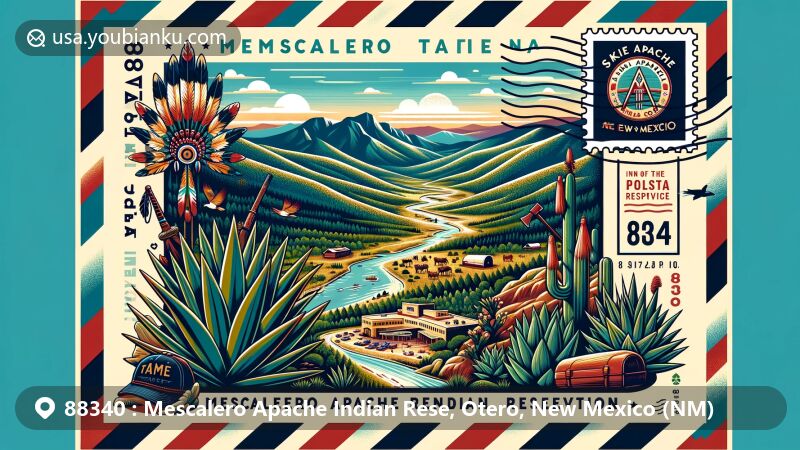 Modern illustration of the Mescalero Apache Indian Reservation in New Mexico, showcasing mountainous terrain and outdoor activities like hunting, fishing, hiking, and skiing at Ski Apache resort, with tribal symbols, agave plants, and Inn of the Mountain Gods Resort & Casino within an airmail envelope shape, featuring ZIP code 88340.