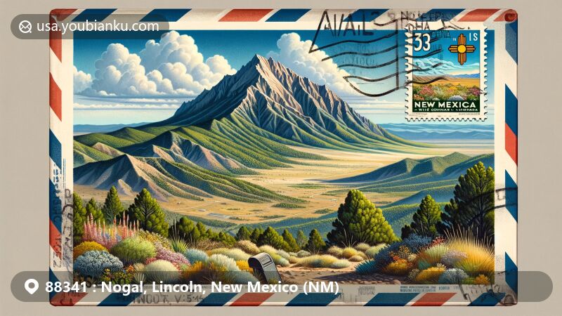 Modern illustration of Nogal, Lincoln County, New Mexico, postal code 88341, showcasing Nogal Peak in White Mountain Wilderness, Southern New Mexico, with diverse flora, rugged terrain, and Sierra Blanca range in background.