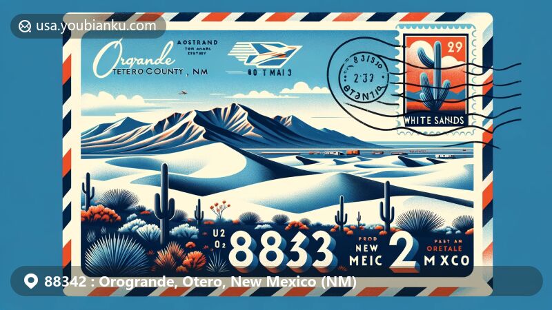 Modern illustration of Orogrande, Otero County, New Mexico, featuring vintage airmail envelope with Jarilla Mountains, ocotillo plants, and White Sands National Park stamp.