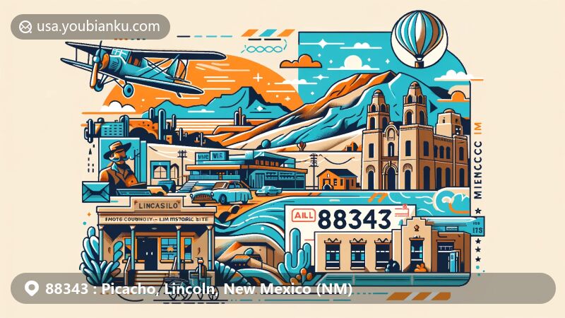 Modern illustration of Picacho, Lincoln County, New Mexico, featuring postal theme with ZIP code 88343, highlighting historical and cultural richness like Lincoln Historic Site and Old West symbols.