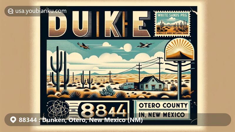Modern illustration of Dunken, Otero County, New Mexico, showcasing desert landscape with cacti and vintage post office sign, featuring ZIP code 88344 and White Sands National Park.