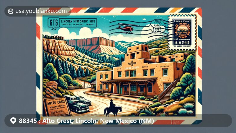 Modern illustration of Alto Crest, Lincoln, New Mexico, showcasing postal theme with ZIP code 88345, featuring historic Lincoln Historic Site, Monjeau Lookout, and natural beauty of Lincoln National Forest.
