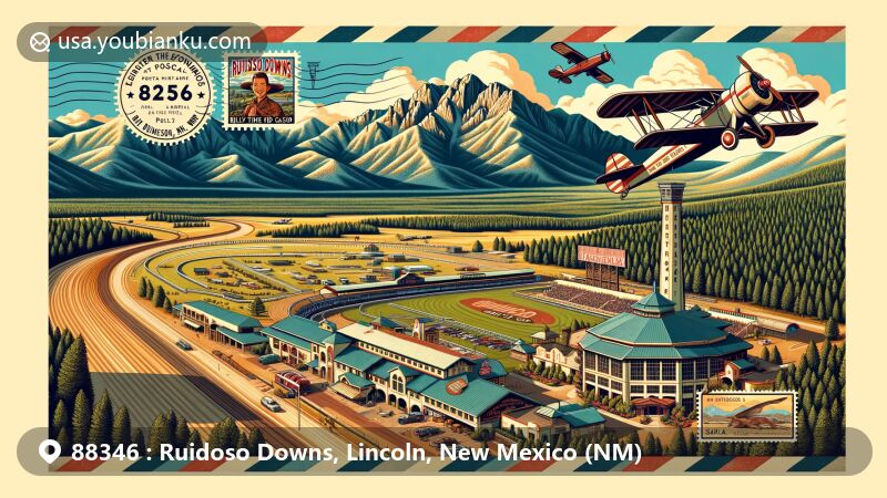 Modern illustration of Ruidoso Downs, Lincoln County, New Mexico, showcasing postal theme with ZIP code 88346, featuring Ruidoso Downs Race Track, Billy the Kid Casino, Hubbard Museum of the American West, Lincoln National Forest, Sierra Blanca Peak, vintage postcard borders, postage stamps, postal mark, and an old-fashioned airplane.