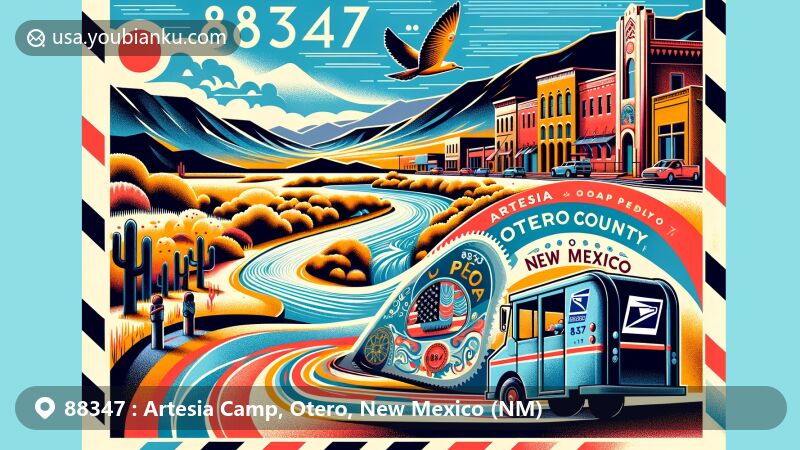 Modern illustration of Artesia Camp, Otero County, New Mexico, featuring postal theme with ZIP code 88347, highlighting the Pecos River and local cultural elements against a vibrant desert backdrop.