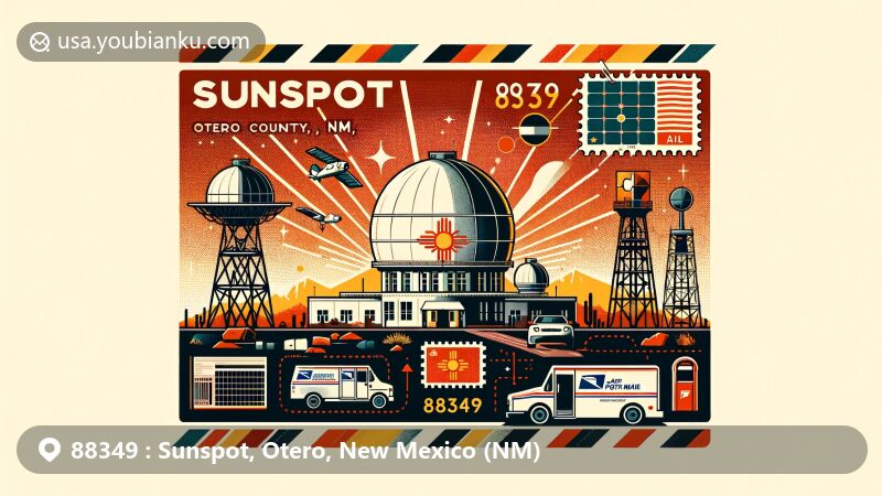 Contemporary illustration of Sunspot, Otero County, New Mexico, with Sunspot Solar Observatory and Apache Point Observatory, featuring New Mexico state flag and postal theme inspired by postcards and air mail.