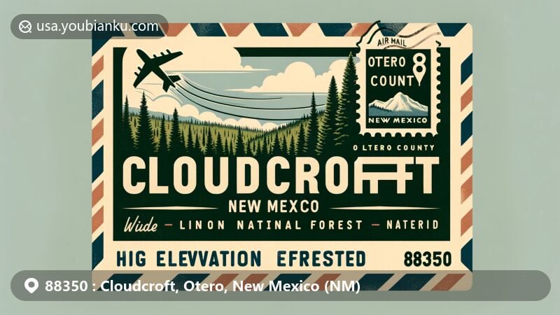 Modern illustration of Cloudcroft, New Mexico, showcasing high-elevation forested environment with dense pine forests, Lincoln National Forest, and cool summer climate, creatively framed as an air mail envelope with vintage stamp featuring Otero County outline, New Mexico state flag, and ZIP code 88350.