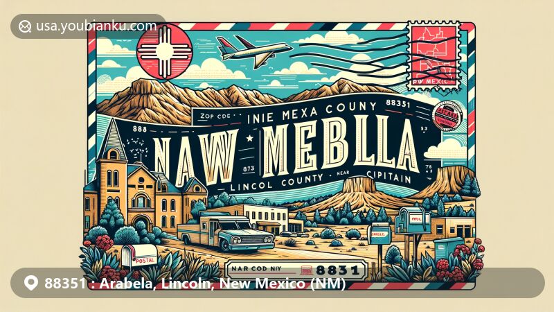Modern illustration of Arabela, Lincoln County, New Mexico, depicting ZIP code 88351 with state flag, county outline, and natural landscapes near Capitan.