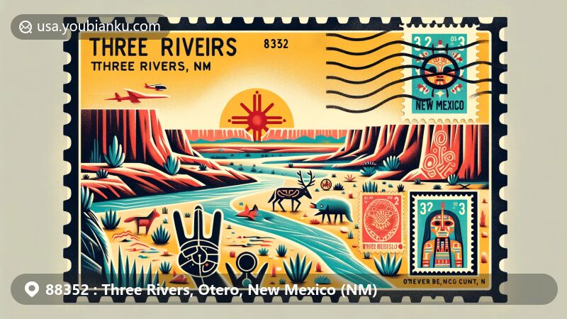 Modern illustration of Three Rivers Petroglyph Site, Otero County, New Mexico, featuring diverse petroglyphs - masks, sunbursts, wildlife, and geometric designs, with elements of New Mexico state flag.
