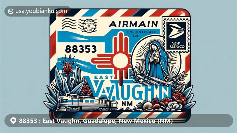 Modern illustration featuring U.S. ZIP code 88353, East Vaughn, Guadalupe County, New Mexico, with airmail envelope showcasing '88353' and 'East Vaughn, NM,' incorporating New Mexico state symbols like the state flag and Our Lady of Guadalupe, and symbolic train and local landscape elements.