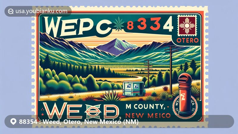 Modern illustration of Weed, Otero County, New Mexico, featuring the picturesque Sacramento Mountains and integrating the '88354' ZIP code, with Zia sun symbol and vintage postal-themed elements.