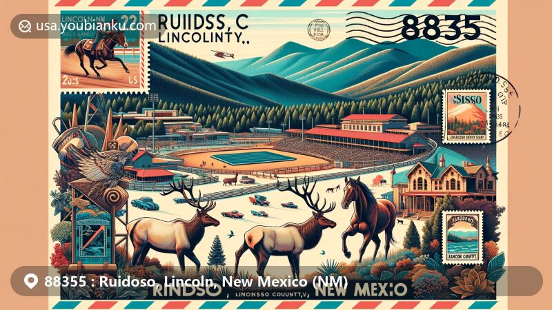 Modern illustration of Ruidoso, Lincoln County, New Mexico, featuring Lincoln National Forest, Ruidoso Downs Race Track, Spencer Theater for the Performing Arts, local wildlife, and Sierra Blanca mountain range, with postal elements like air mail envelope, stamps, and postmark with ZIP code 88355.