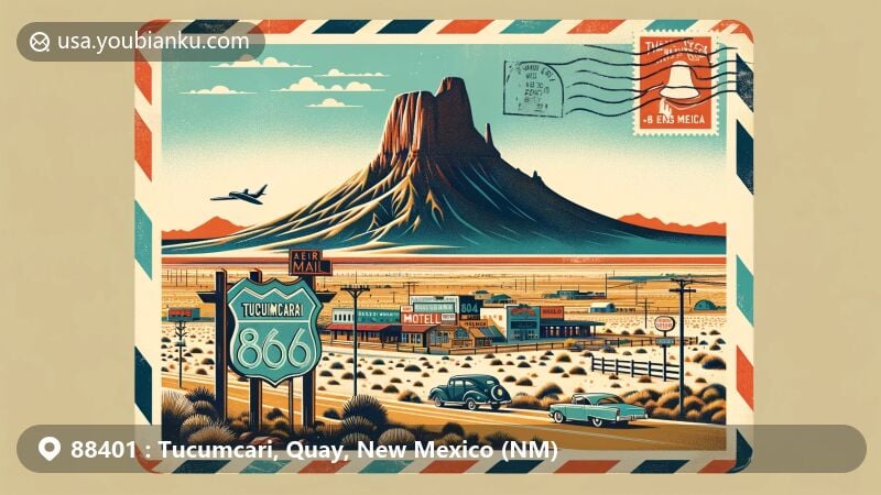 Modern illustration of Tucumcari, Quay County, New Mexico, highlighting postal code 88401, featuring Tucumcari Mountain with its unique mesa-on-a-mesa formation and semi-arid landscape, including iconic Route 66 neon signs.