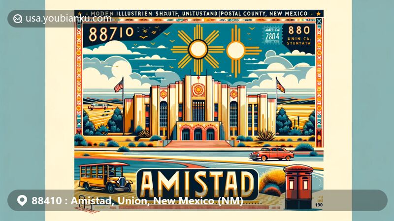 Modern illustration of Amistad area, Union County, New Mexico, showcasing postal theme with ZIP code 88410, featuring Amistad Gymnasium and vintage postal elements.
