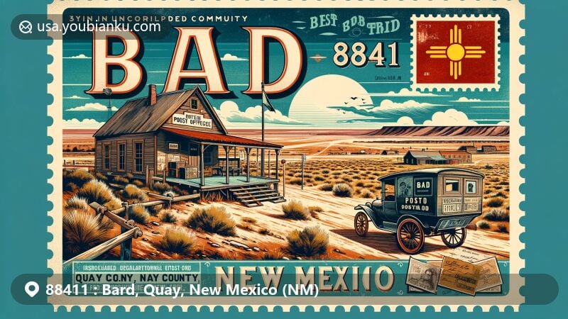Creative illustration of Bard, Quay County, New Mexico, with ZIP code 88411, incorporating state flag, semi-arid landscapes, and historical elements of the unincorporated ghost town.