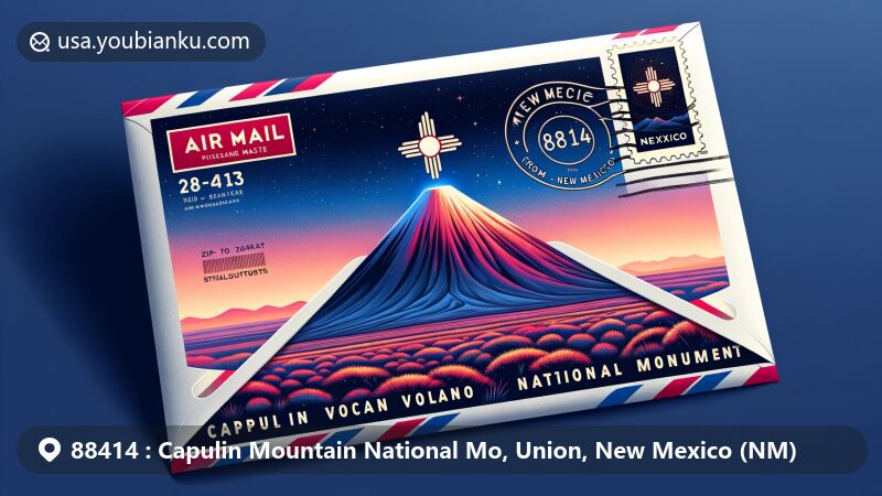 Modern illustration of Capulin Volcano National Monument in New Mexico, featuring airmail envelope with symmetrical cinder cone, grassland plains, dark night sky, and New Mexico state flag.