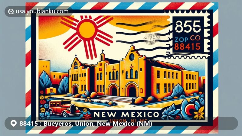 Modern illustration of Bueyeros, Union, New Mexico, featuring vintage air mail envelope with ZIP code 88415, set against backdrop of state flag and iconic local landmarks like Bueyeros School and Sacred Heart Church.
