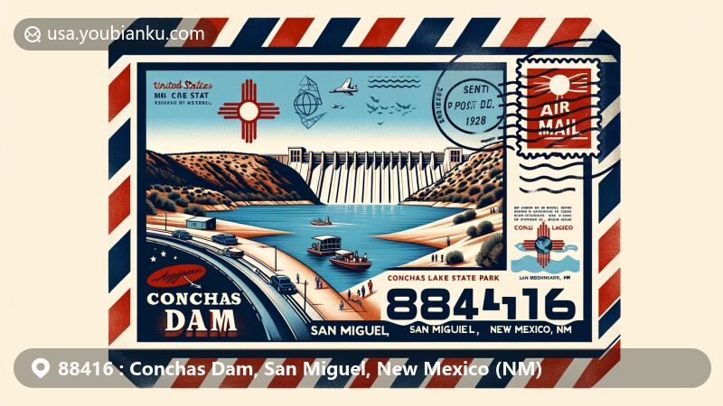Modern illustration of Conchas Dam, San Miguel, New Mexico (NM) area with ZIP code 88416, presented as an airmail envelope featuring Conchas Dam and Conchas Lake, highlighting its historic and recreational significance, framed with classic airmail stripes and New Mexico state flag.