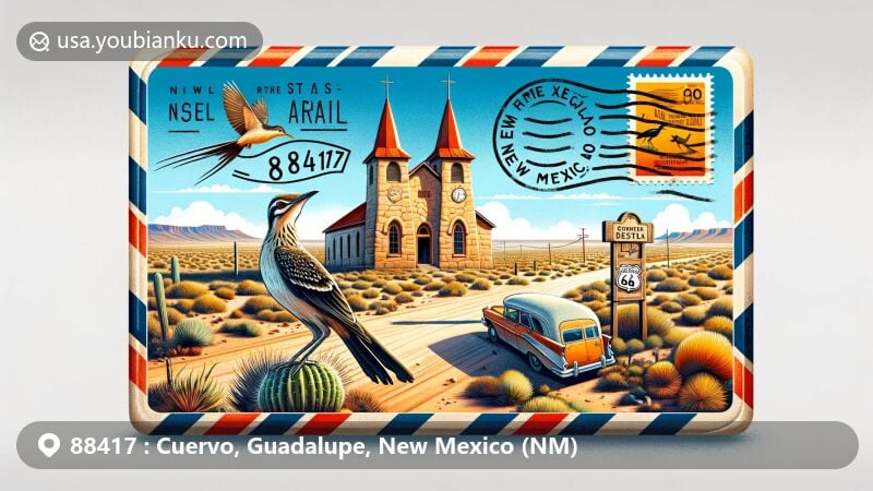 Modern illustration of Cuervo, New Mexico, showcasing airmail envelope against desert backdrop with sandstone church and Route 66 elements, embellished with '88417' postmark and mailbox icon, featuring New Mexico state flag, roadrunner, and raven.