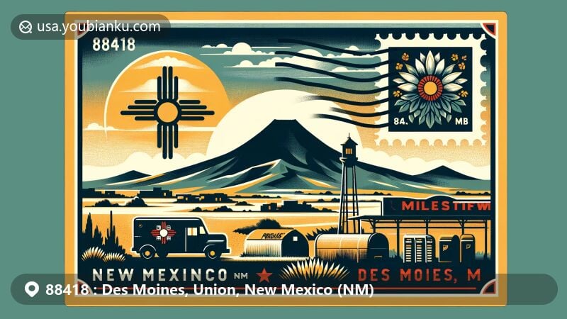 Modern illustration of Des Moines, New Mexico, showcasing postal theme with ZIP code 88418, featuring Sierra Grande and Capulin Volcano silhouettes against dramatic landscapes.