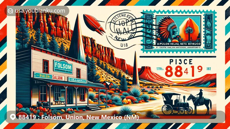 Modern illustration of Folsom, Union, New Mexico, featuring postal theme with ZIP code 88419, showcasing Folsom archaeological site, Gem Saloon, Capulin Volcano National Monument, and postal service elements.