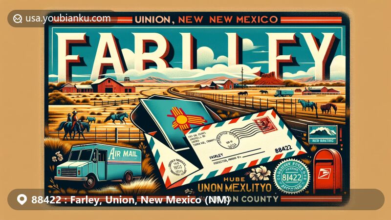 Modern illustration of Farley, Union County, New Mexico, highlighting postal theme with ZIP code 88422, featuring desert terrain, state flag, and ranching symbols.