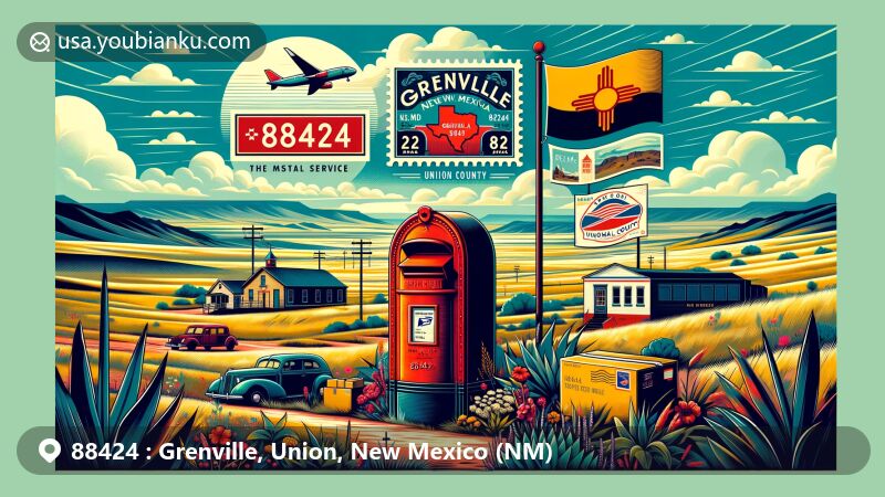 Modern illustration of Grenville, New Mexico, showcasing postal theme with ZIP code 88424, featuring Kiowa National Grassland, Union County's geographical features, vintage postal elements, and New Mexico state symbols.