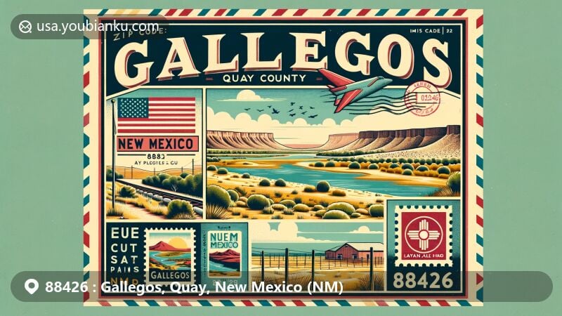 Modern illustration of Gallegos, Quay County, New Mexico, showcasing natural beauty and postal elements, integrating landscapes of Quay County, iconic landmarks like Ute Lake State Park, and a vintage-style air mail envelope with postal marks, reflecting the area's outdoor activities and cultural richness.