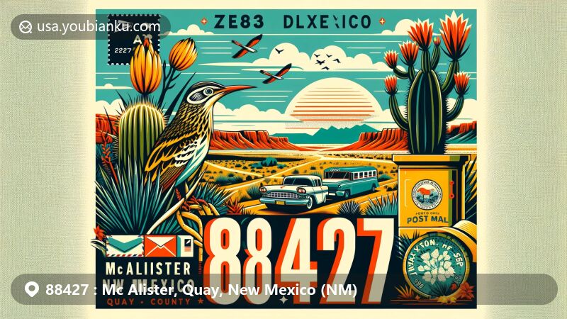 Modern illustration of Mc Alister, Quay County, New Mexico, featuring unique postal elements and New Mexican symbols like the Yucca flower and Roadrunner, with vintage postcard showcasing ZIP code 88427.