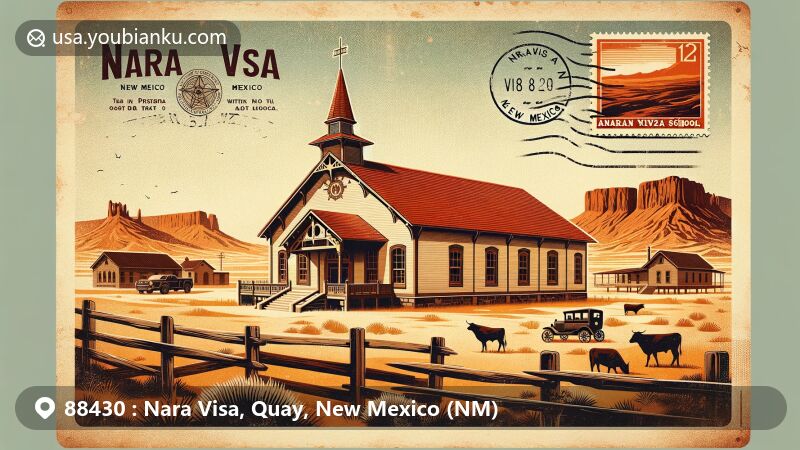 Vintage illustration of Nara Visa School, Mission Revival style historic building in 88430 postal code area, Nara Visa, Quay, New Mexico. Depicts rugged landscapes of Canadian River Breaks, symbolizing unique geographical features. Includes postage stamp with school image and 'Nara Visa, NM 88430' postmark, blended with ghostly echoes of past town with blurry cattle herd and railroad hints, hinting at its history as a ranching and railroad town. Evokes early 20th-century postcard style with warm earth tones and nostalgic touch.