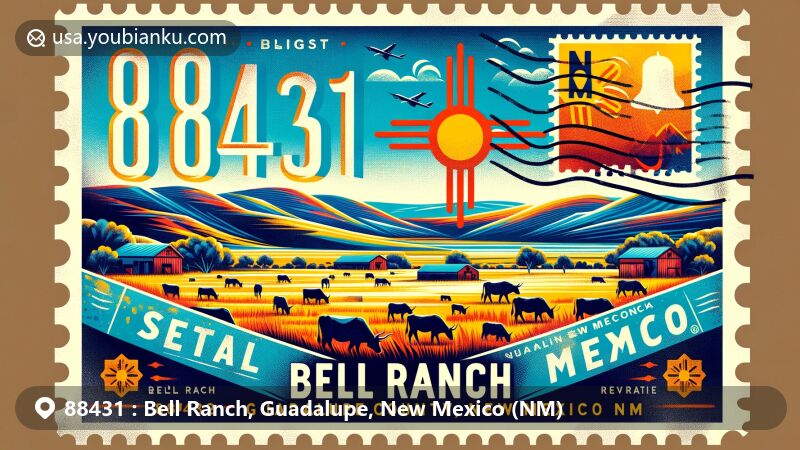 Modern illustration of Bell Ranch, Guadalupe County, New Mexico, with vibrant postal theme featuring ZIP code 88431, depicting cattle grazing in vast landscape under a picturesque sky, incorporating iconic New Mexico elements like Zia sun symbol and vintage airmail envelope.