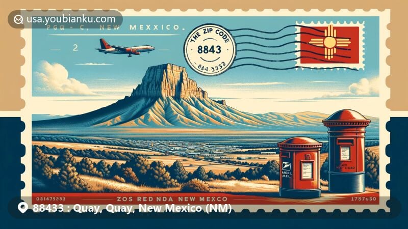 Modern illustration of Mesa Redonda, Quay, New Mexico, highlighting ZIP code 88433 with vintage air mail envelope, showcasing the local beauty and postal heritage, featuring state flag and classic postbox.