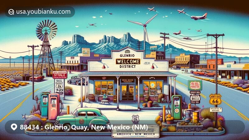 Modern illustration of Glenrio Historic District, Quay County, New Mexico, showcasing Route 66 heritage, Glenrio Welcome Center, and New Mexico-Texas state line, emphasizing blend of history and modern amenities.