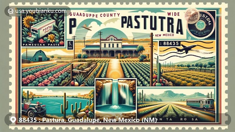 Modern illustration of Pastura, Guadalupe County, New Mexico, featuring Blue Hole natural landmark, agricultural community essence, and postal theme with vintage postcard design.