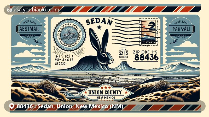 Modern illustration of Rabbit Ear Mountain in Sedan, Union County, New Mexico, featuring a creative postal theme with airmail elements like stripes and a special postal stamp with the state flag, dated postmark '2024-02-15' and 'ZIP Code 88436', highlighting the area's natural beauty.