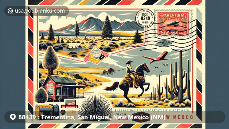Modern illustration of Trementina, San Miguel County, New Mexico, celebrating ZIP code 88439 with Spanish-American influences, pinon pines, rustic ranch properties, and historical significance.