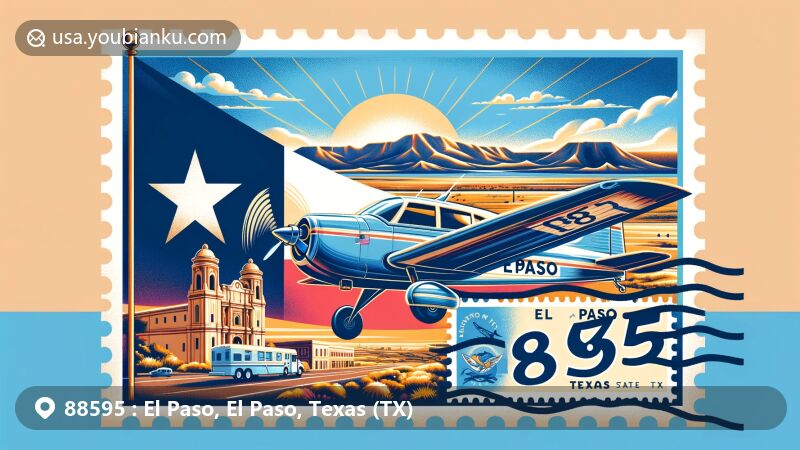 Modern illustration of El Paso, El Paso County, Texas, featuring aviation-themed envelope with Lone Star stamp and ZIP code 88595, highlighting Ysleta Mission, Franklin Mountains State Park, and 'The Sun City' nickname, incorporating El Paso flag design, representing cultural and natural beauty.