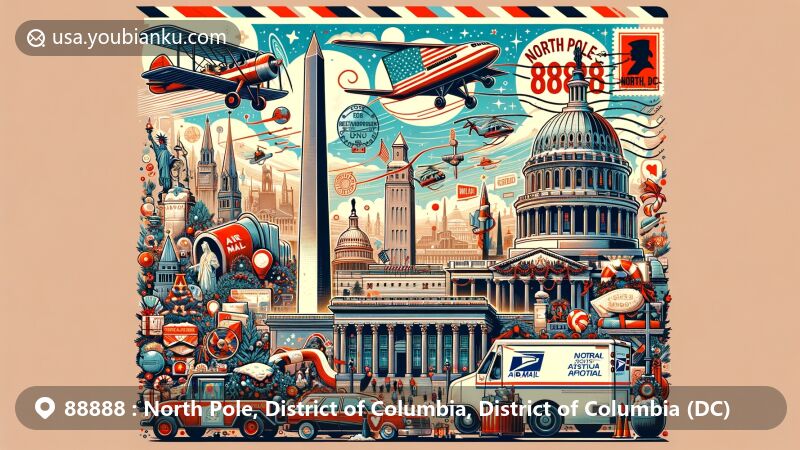 Creative illustration of the District of Columbia, postal code 88888, blending iconic DC landmarks like the Washington Monument, U.S. Capitol, and National World War II Memorial with postal themes.