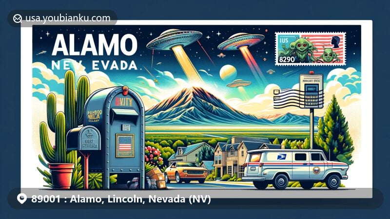 Modern illustration of Alamo, Nevada area, featuring Pahranagat Valley and Tikaboo Peak, symbolizing connection to Area 51, with postal theme showcasing ZIP code 89001.